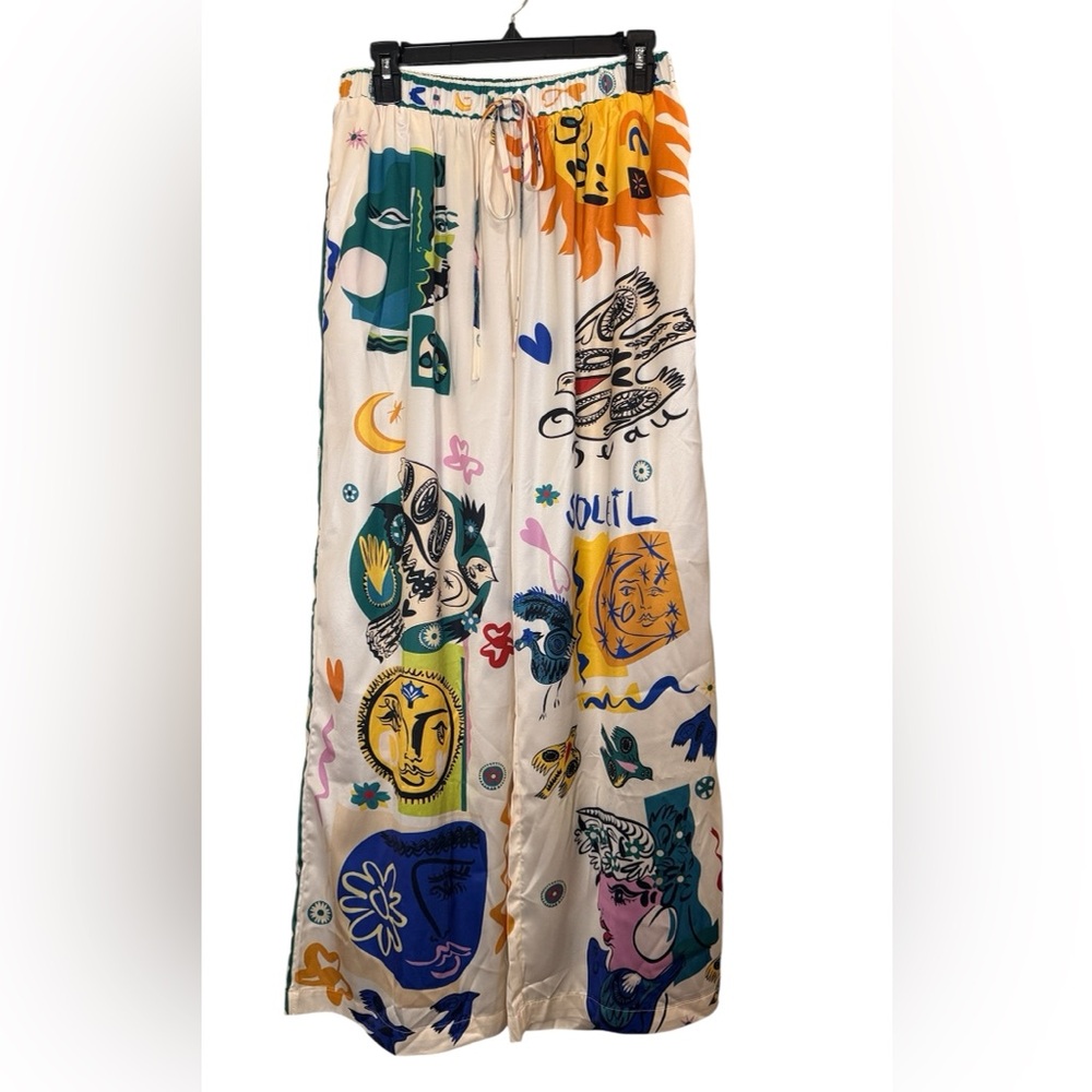 Commense Resort-wear Satin Graffiti Lapel Pants Set sz L - Picture 5 of 16